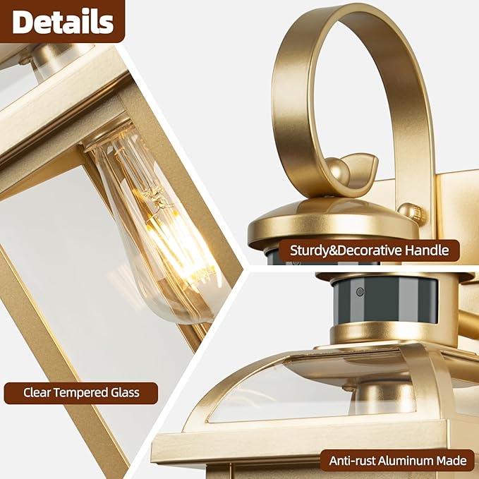 Gold Motion Sensor Outdoor Light Fixtures Dusk to Dawn 2-Pack 16 Inch Brass Outdoor Wall Sconces Photocell Outside Lights for House Front Porch Lights Carriage Coach Lights Courtyard
