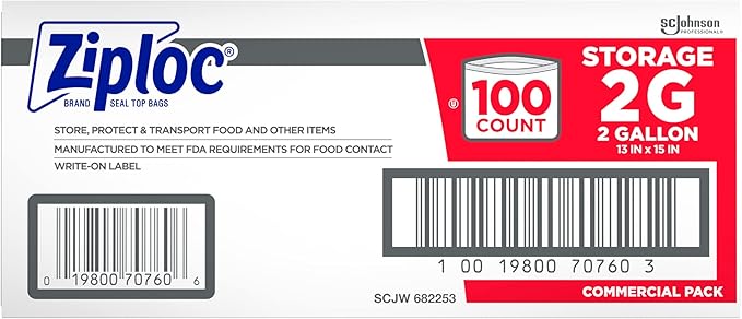 SC Johnson Professional Ziploc Brand Food Storage 2 Gallon Bags Food Storage Ziploc Brand Bags Commercial Pack 100 Count Box for Professional Use Only (Pack of 2)