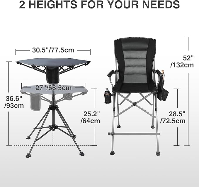 Extra Tall Folding Chairs &amp Adjustable Height Folding Table Set Portable Outdoor Bar Table &amp Foldable Director Chairs with Makeup Pocket for BackyardBeachTravel with Storage Bag
