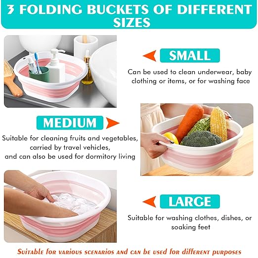 Collapsible Basin 3 Set Foldable Wash Basin Plastic Laundry Tub Space Saving Wash Tub for Dish Fruit Camping Laundry Hiking &amp Home (Pink)