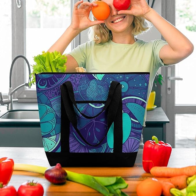 Insulated Shopping BagLarge Reusable Cooler Bags Blue Teal Lemon Printed Foldable Shopping BagTravel Waterproof Shoulder Bag