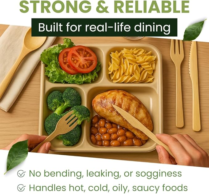 Dtocs Compartment Plates Disposable (40 Pcs) 4 Portions | Bamboo Fiber Heavy Duty Sectional Lunch Trays for Camping Catering Buffet Dinner | Microwavable Leak-Proof Multipurpose Divided Plates