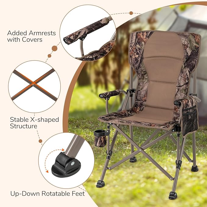 Goplus Folding Camping Chair 400 LBS Support Lawn Chair w/Armrests with Covers Cup Holder &amp Storage Pocket Adjustable Feet Portable Camp Chair with Carrying Bag for Fishing Hunting Picnic (2)
