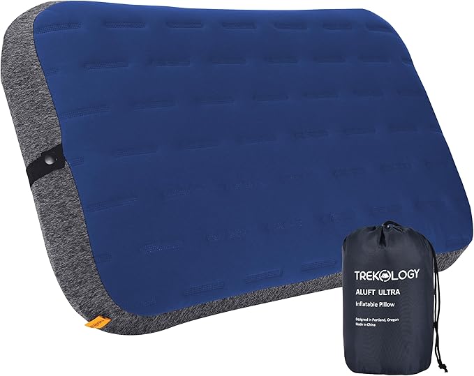 TREKOLOGY Camping Pillow - Large Inflatable (24x15) for Home-Like Comfort Portable &amp Ergonomic Easy to Clean Durable &amp Leak-Proof Removable Strap for Secure Fit – ALUFT Ultra (Blue)