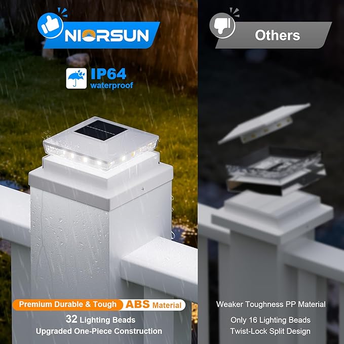 NIORSUN Solar Post Cap Lights Outdoor Waterproof 2 Lighting Modes 4x4 Post Solar Lights Fence Posts Solars Light for Deck Patio Garden Decoration 4x4 Posts Caps Wood Vinyl 12 Pack (White)
