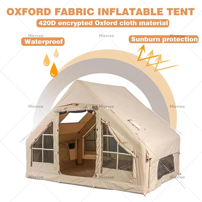 Inflatable Camping Tent with Fireplace Opening and Skylight Outdoor Tent for 2 to 8 People with Air Pump Inflatable Tent in Waterproof Oxford Fabric for 4 Seasons Quick Assembly