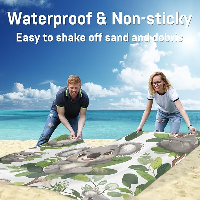 Waterproof Sandproof Beach Blanket 59''×68'' Animal Koala Pattern Polyester Outdoor Picnic Blanket with 4 Stakes &amp Storage Bag for BeachCampingVacation