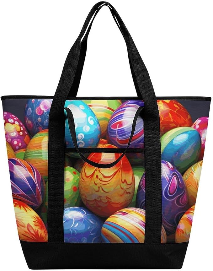 Insulated Shopping BagLarge Reusable Cooler Bags Easter Eggs Printed Foldable Shopping BagTravel Waterproof Shoulder Bag