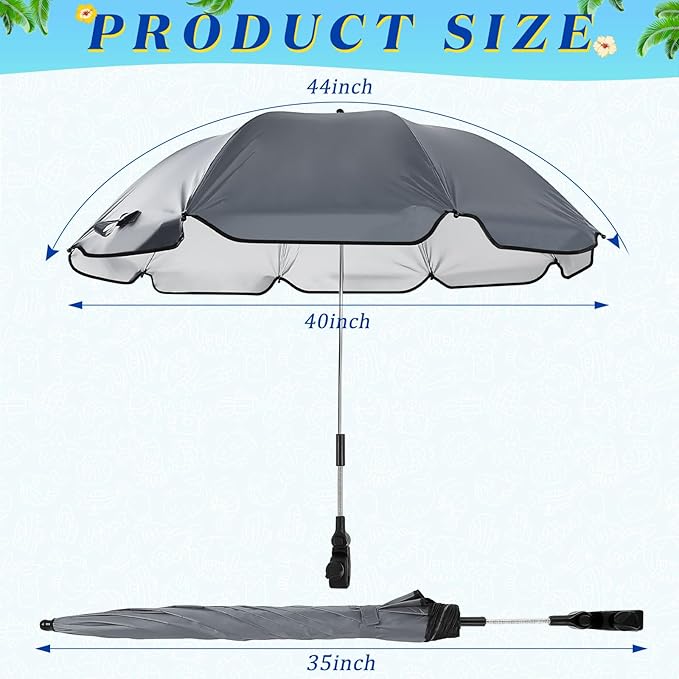 Buryeah 2 Pcs Automatic Chair Umbrella with Universal Clamp 44 UPF 50+ Portable Clamp on Beach Chair Adjustable Wheelchair Umbrella for Outdoor Patio Parasol