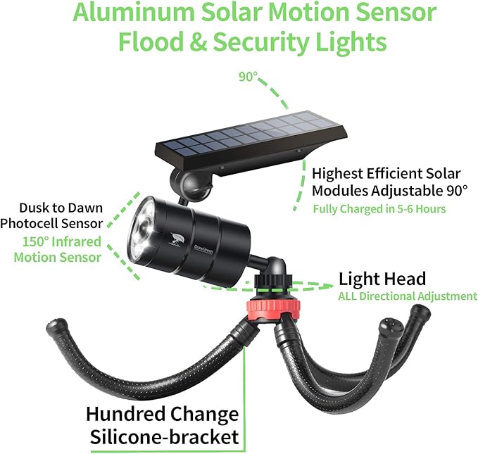 Solar Motion Sensor Flood Lights Solar Motion Sensor Security Camping with Flexible Tripod 1400LM Aluminum Waterproof Spotlights for Camping Fence &amp Patio 9W (130W Eqv.)