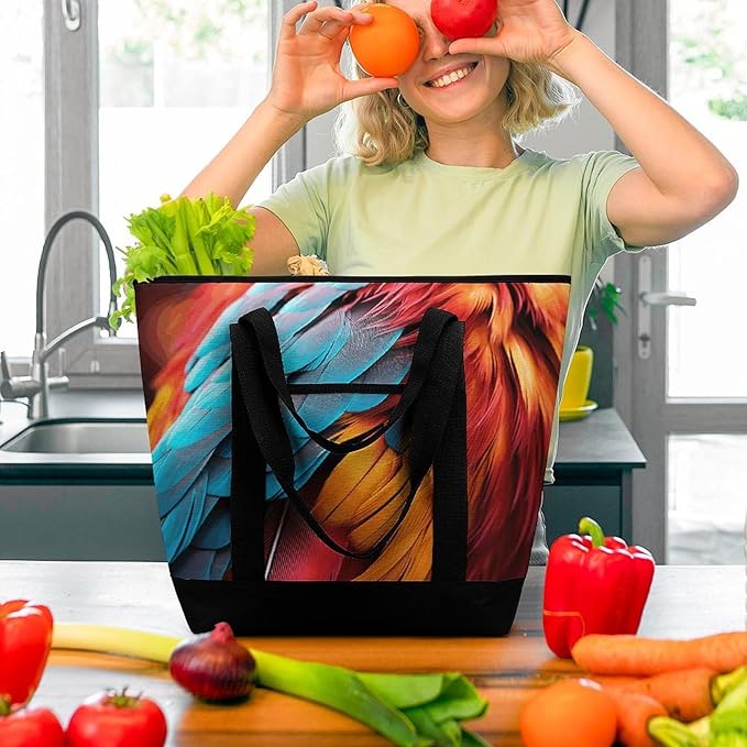 Insulated Shopping BagLarge Reusable Cooler Bags Colorful Feathers Printed Foldable Shopping BagTravel Waterproof Shoulder Bag