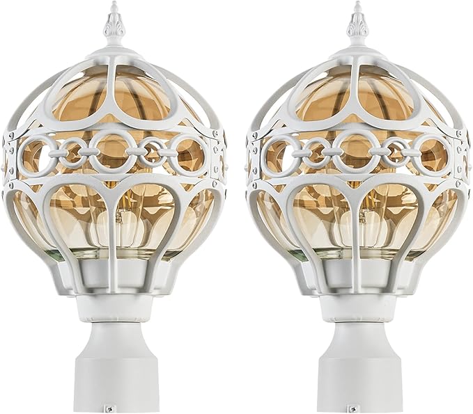 2 Pack Outdoor Globe Lamp Post Light Fixtures 13.4 White Sphere Post Top Lantern for Patio Porch Driveway Hardwired Anti-Rust Aluminum Pillar Light with Amber Glass Fits Standard 3 Post
