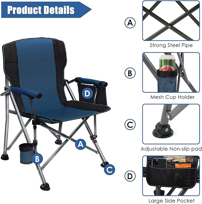 LEADALLWAY Folding Camping Chair Oversized Collapsible Camp Chair with Cup Holder and Removable Storage Bag Heavy Duty Support 351 LBS Portable Lawn Chair for Outdoor Camp Picnic Travel Fishing