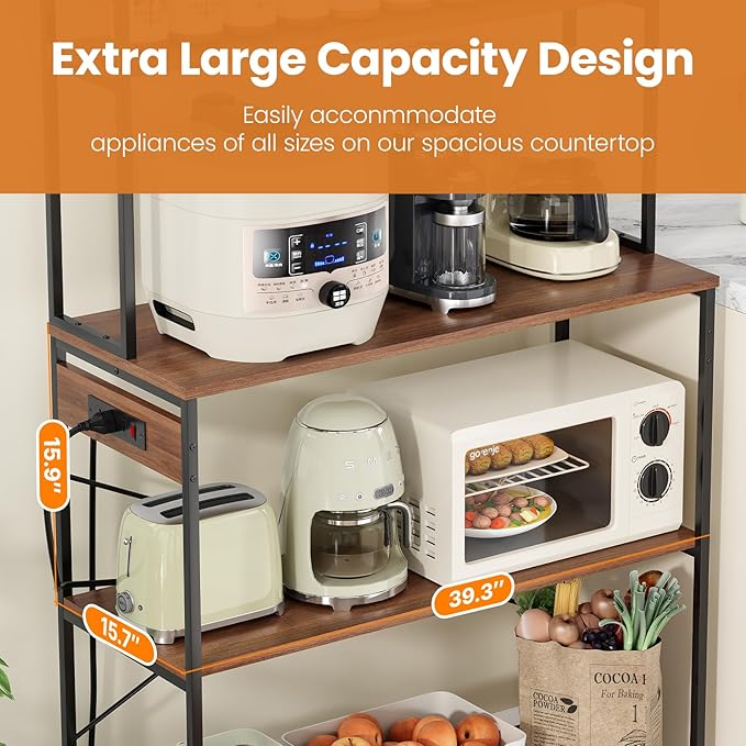 Large 5 Tier Bakers Rack with Electrical Outlets 39 Inch Microwave Stand Coffee Bar Kitchen Storage Shelf for Home Counter Space Organizer