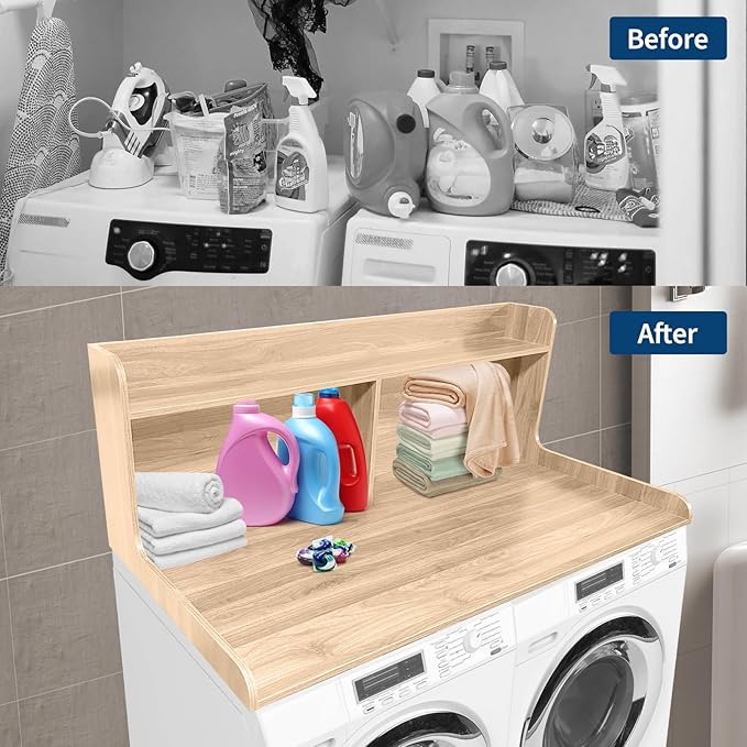 2 Tier Washer Dryer Countertop with Shelf54x27.5in Waterproof Wood Organizer Rack with StorageSpace-Saving Leader for Laundry RoomNatural Wood