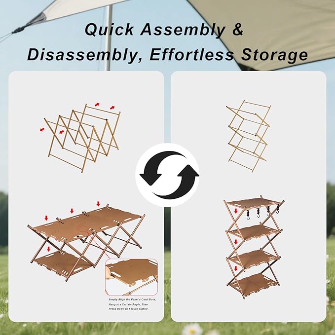 Portable Camping Table &amp Shelf 2-in-1Folding Carbon Steel Picnic Rack 37 4-Tier Storage Cook Station with 4 HooksPerfect for Party Dining Camping BBQ Indoor Outdoor