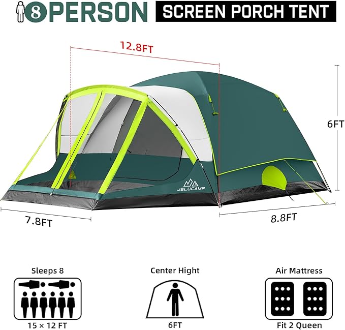 6/8 Person Large Waterproof Family Tents for Camping Screened Camping Tent with Screen Porch Bug-Free Relaxation &amp Easy Setup Includes Rainfly &amp Carry Bag