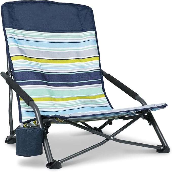 Portable Folding Beach Chair for Adults - Lightweight Low Back Sling Chair with Storage Pocket 300lbs Capacity Camping Chair for Outdoor Lawn Concert Travel (Orange-Colour Striped)
