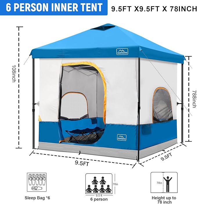 KAMPKEEPER 6 Person Camping Tent 10x10 Pop Up Canopy Tent with Camping Inner Tent Converts 10'x10' Straight Leg Canopy into Camping Tent–Fully Vented Roof(Canopy &amp Frame Included)