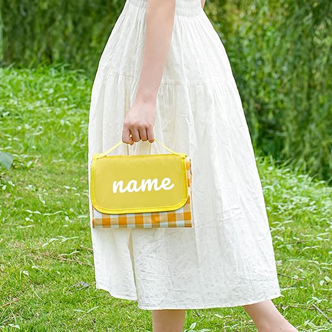 Custom Picnic Blanket Foldable Gingham Beach Mat Waterproof Sandproof Personalized Name Text Logo for Outdoor Camping Lawn Park Hiking Patio
