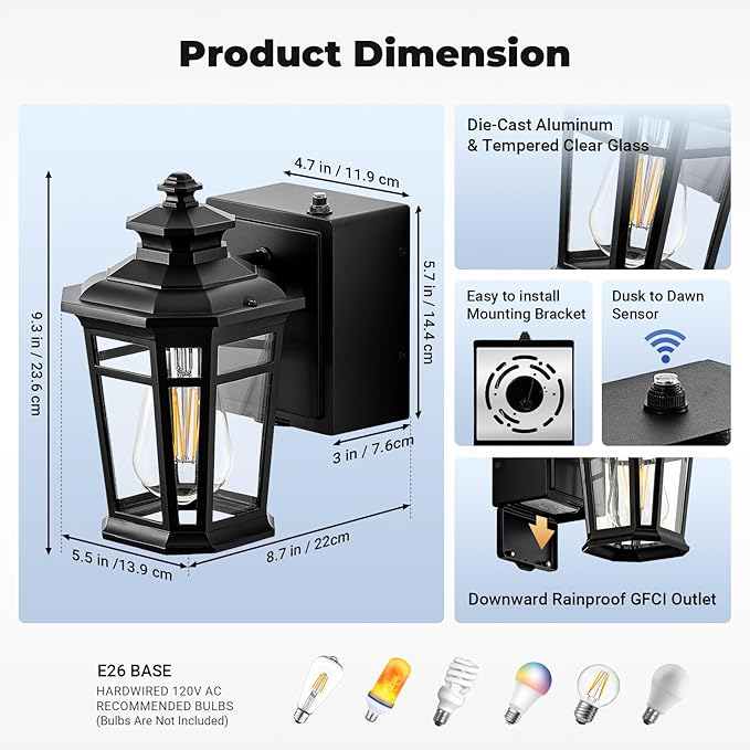 Gleamz Porch Lights with Outlet Black 2-Pack Dusk to Dawn Outdoor Lighting with GFCI Outlet 9in H Exterior Light Fixtures Waterproof Anti-Rust Outside Lights for HouseFront DoorGarageBackyard