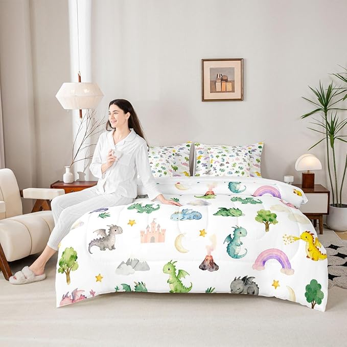 Baby Dragon 7 Piece Bedding Set Full Size Animal Comforter Set with SheetsPillowcases &amp Cushion Cover for Boys Girls Bedroom Decor Cartoon Wildlife Bed in a Bag Microfiber Women Men White Green