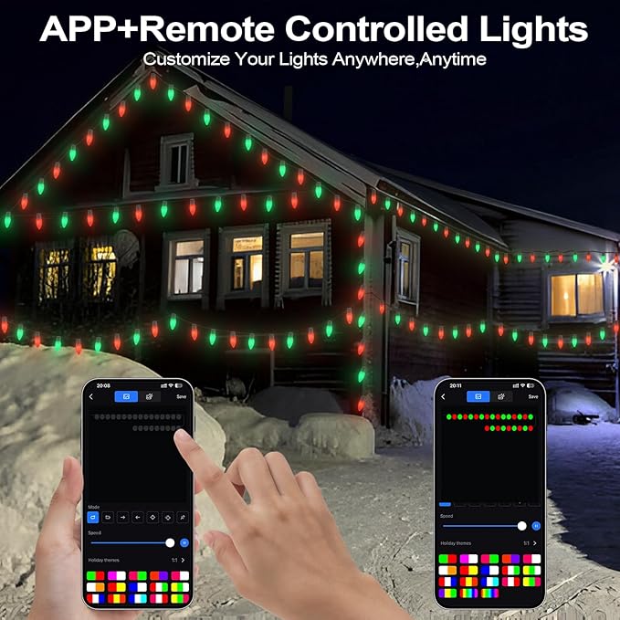 Christmas Outdoor Lights C9 33FT 50 LEDs Smart APP Remote Control RGB String Lights Plug in DIY Chasing Xmas Lights Color Changing with Timer &amp Music Sync for Holiday Xmas Tree Decoration