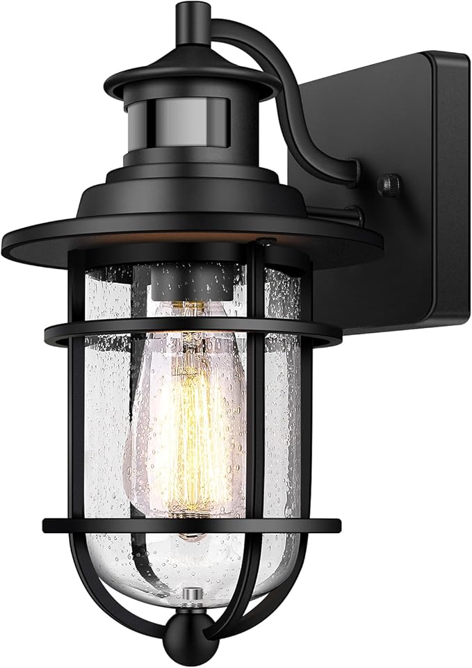 Motion Sensor Outdoor Wall Lantern Dusk to Dawn Waterproof Exterior Wall Sconce with Seeded Glass Black Wall Mount Light Fixture for Porch Doorway Garage E26 Socket Motion Activated