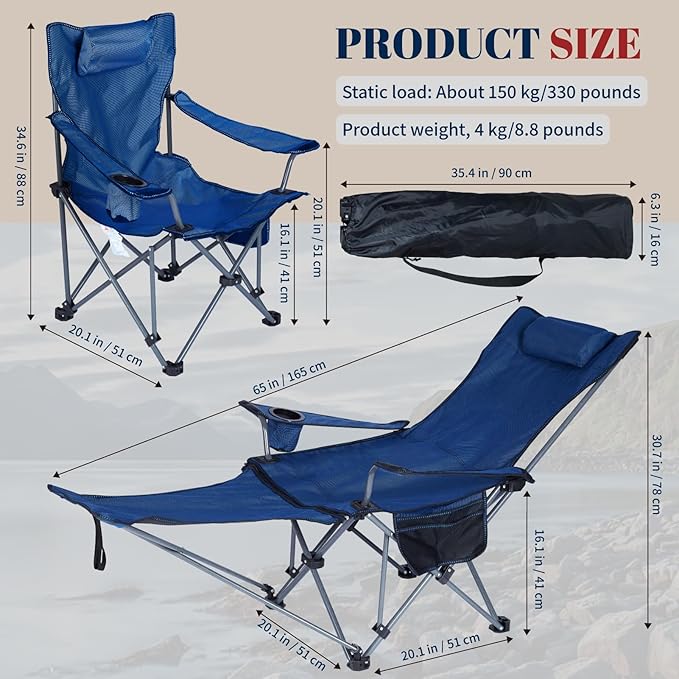 Folding Reclining Camping Chairs Footrest: 3 in 1 Portable Beach Lounge Chair Tanning Chairs with Backpack Lay Flat Lawn Chair Camping Furniture Camp Fishing Outdoor Carry Bag (Cloth Back Navy Blue)