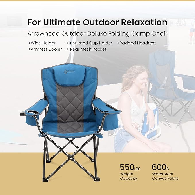 ARROWHEAD OUTDOOR Deluxe Folding Camp Chair – 550lb Capacity Heavy-Duty Quad Chair with Integrated Cooler Headrest and Dual Cup Holders.