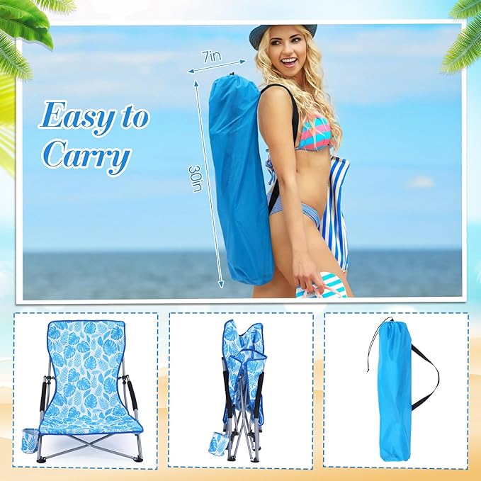Karenhi 2 Pack Beach Chair Foldable Reclining Portable Lightweight Chair for Adults Camping Concert Lawn Sand Outdoor (Blue Leaves)
