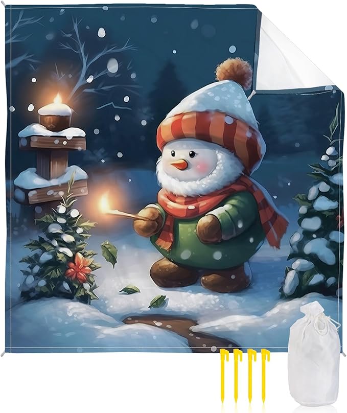 Beach Blanket Waterproof Sandproof Christmas Cute Cartoon Snowman Quick Drying Beach Mat with 4 Stakes Tree Snow-covered Landscape Lightweight Picnic Blanket for Travel Camping Outdoor 118x108
