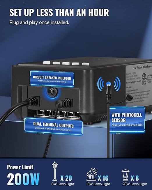 200W Low Voltage Landscape Transformer Weatherproof Outdoor Low Voltage Transformer 120V AC to 12/14V AC Landscape Lighting Transformer with Timer and Photocell Sensor ETL Listed D11LT06