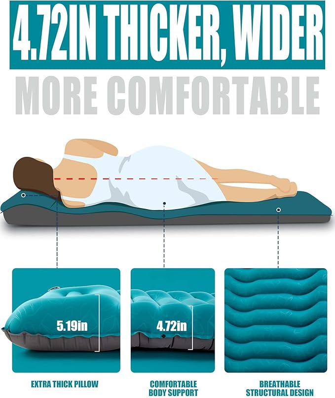 AKSOUL Sleeping Pad Ultra-Thick - Inflatable Sleep Mat Lightweight &amp Compact 4.72 in Air Mattress with Pillow Self-Inflating with Built-in Foot Pump for Traveling Hiking Camping (Blue)