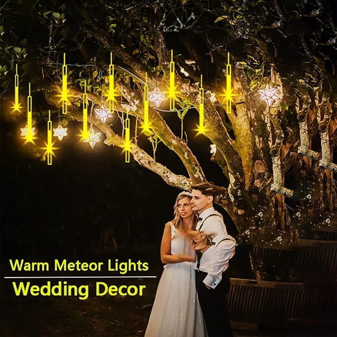 Kwaiffeo Warm White Christmas Lights Outdoor 24 Tubes(Equivalent to 3 Sets of 8-Tube) LED Meteor Shower Lights for Xmas Wedding Party Decorations Warm White Fairy Icicle Light for Yard Outside