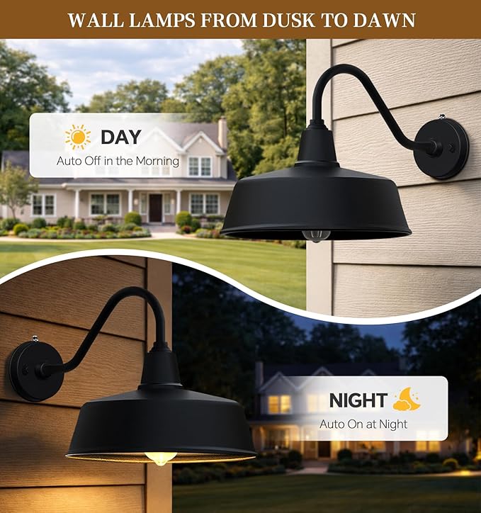 12.6 Inch Large Outdoor Gooseneck Barn Lights from Dusk to Dawn Classic Black Farmhouse Lights Waterproof and Rustproof Porch Lights for House Garden Garage Patio.