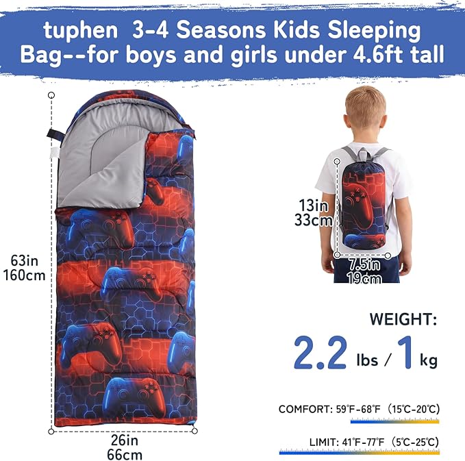 tuphen Kids Sleeping Bag - 50-77℉ 3-Season Waterproof Sleeping Bag for Boys &amp Girls Lightweight 2.2 lbs Camping Gear with Compression Bag Ideal for Camping Hiking Indoor