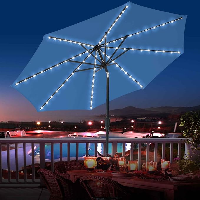 Sundale Outdoor Olefin 5-Year-Non-Fading Solar 80 LED 9 FT Solar Patio Umbrella with Sand Bag Base Outdoor Umbrella with Tilt and Crank Navy