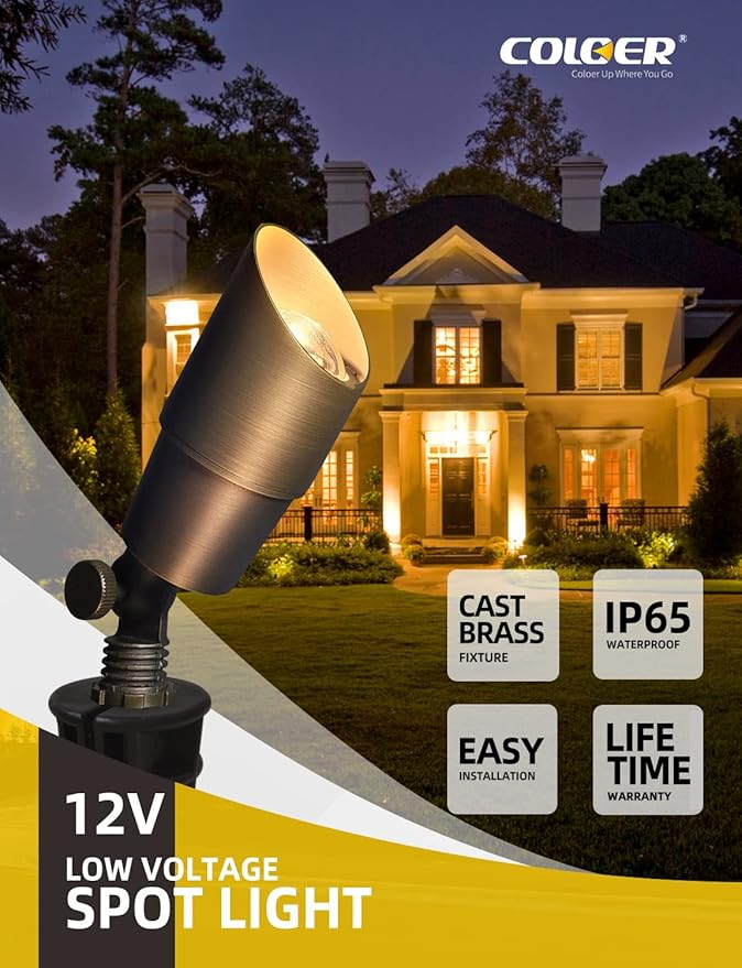 COLOER Brass Landscape Spotlights 12 Pack Spot Lights Outdoor with 5W Aluminum Housing MR16 LED Bulb 2700K 450LM 12V AC/DC Low Voltage Outdoor Lighting for Yard Uplight for Garden and Patio(101B)