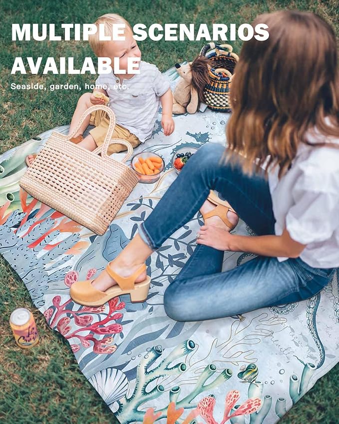 Ocean Octopus Beach Blanket Waterproof Sandproof Watercolor Seaweed Sea Horse Coral Blue Letter Texture Beach Mat Quick Drying Outdoor Picnic Mat 95 x 80 for 1-5 Adults Essentials for Camping
