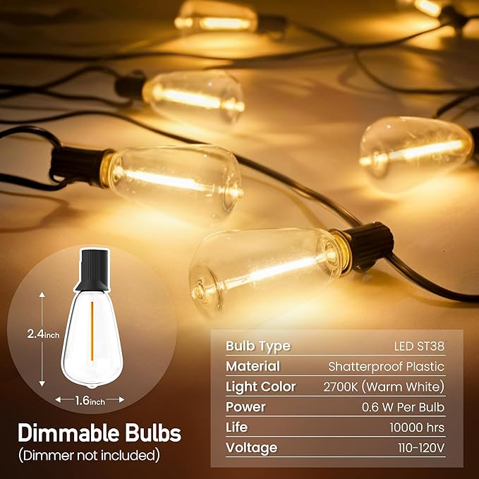 Outdoor String Lights 50 FT 26 Shatterproof LED Bulbs UL Certified Patio Lights Outdoor Light Strings Waterproof for Patio Yard Outside Party Wedding Connectable Dimmable 25 Sockets 2700K