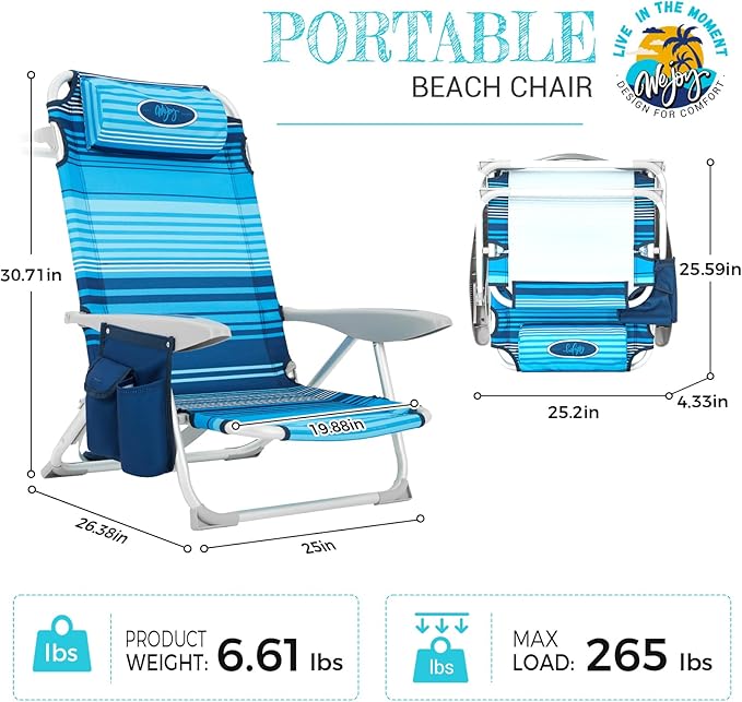 #WEJOY Lightweight Low Beach Chair for Adults 4-Position Aluminum Folding Camping Chairs with Shoulder Strap Cup Holder and Padded Headrest Supports 265lbs for Lawn Outdoor (Bluestrips)