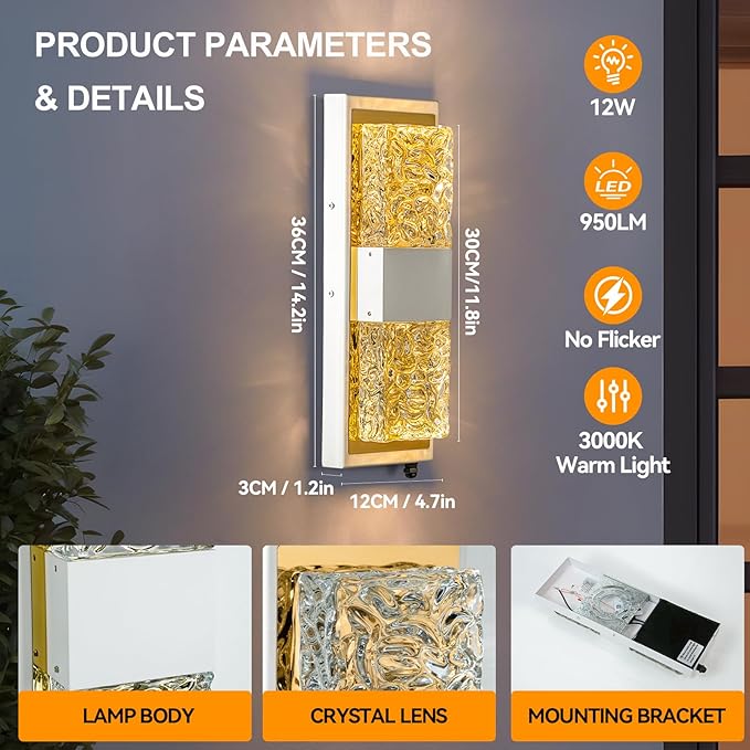Dusk to Dawn Outdoor LightingExterior Lighting Fixtures IP65 Waterproof Porch Lights Outdoor 12W LED Crystal Modern Outside Wall Sconce for Porch Hallway Doorway Patio14.2'' White&ampGold