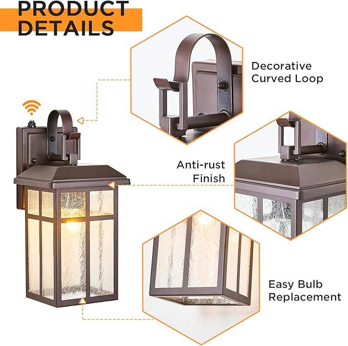 Dusk to Dawn Outdoor Wall Light Fixture Sensor Exterior Wall Sconces Brown Outside Wall Lamp for House Porch Light with Seeded Glass IP65 Waterproof Outdoor Garage Light Wall Mount E26 2-Pack