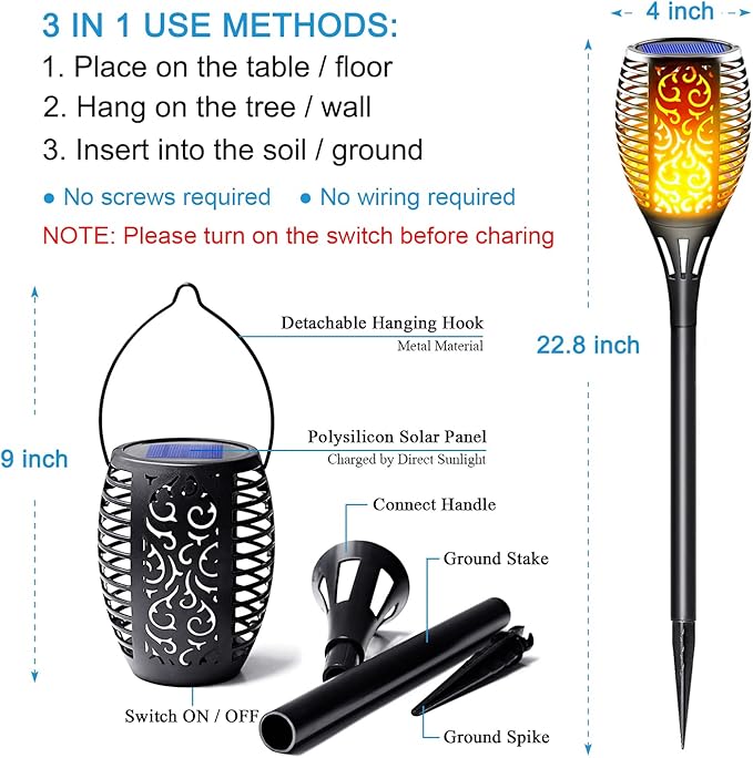 Large Solar Torch Lights Outdoor Flickering Flame Upgraded 3-in-1 Detachable Hanging Lanterns - IP65 Waterproof Auto On/Off Tiki Torches for Garden Pathway Ground Decor (6 Pack)