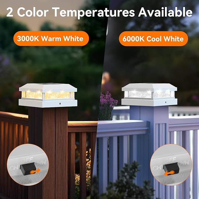 Brightever 4x4 Solar Post Cap Lights Outdoor Waterproof Solar Powered Fence Post Lights for 5x5 Vinyl/Wooden White Outside 16LEDs Warm/Cool Lighting Deck Light for Garden Patio Porch 12-Pack