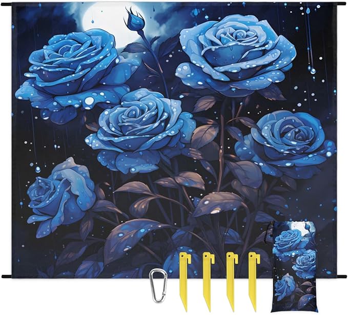 Waterproof Sandproof Beach Blanket 59''×68'' Rose Flower Polyester Outdoor Picnic Blanket with 4 Stakes &amp Storage Bag for BeachCampingVacation Blue