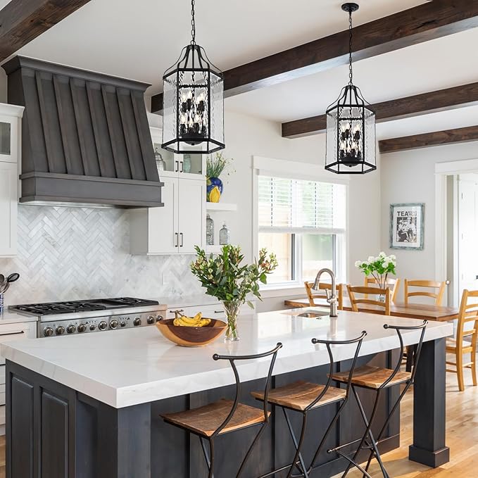 14 Modern 8-Light Exterior Black Lantern Pendant Light Fixture with Clear Rippled Glass Mini Industrial Hanging Cage Chandelier for Outdoor Kitchen Dining Room Hallway Entryway Foyer Porch