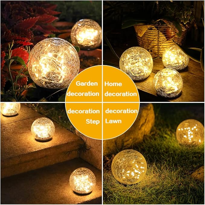TOMEX 4 Pack Solar Garden Lights Cracked Glass Ball Waterproof Warm White LED for Outdoor Decor Decorations Pathway Patio Yard Lawn 4 Pack (4.7)