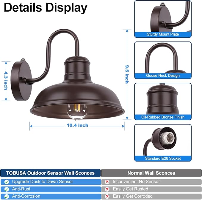 2-Pack Dusk to Dawn Outdoor Wall Sconces Farmhouse Outside Lighting Gooseneck Barn Lights Oil Rubbed Bronze Exterior Wall Lights Anti-Rust Waterproof Outdoor Light for House Porch Garage Entryway